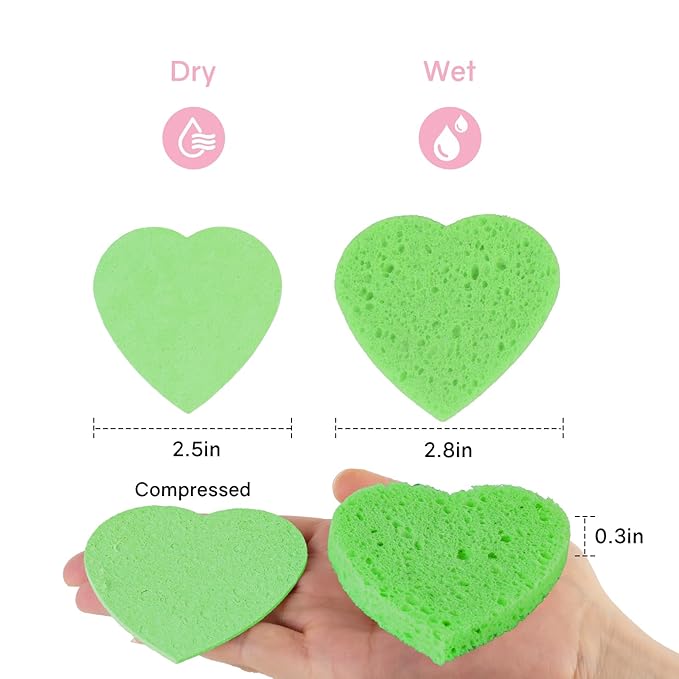50-Count Heart Shape Compressed Facial Sponges,100% Natural Cellulose Face Sponge Spa Sponges for Removing Dead Skin, Dirt and Makeup((Multicolor)