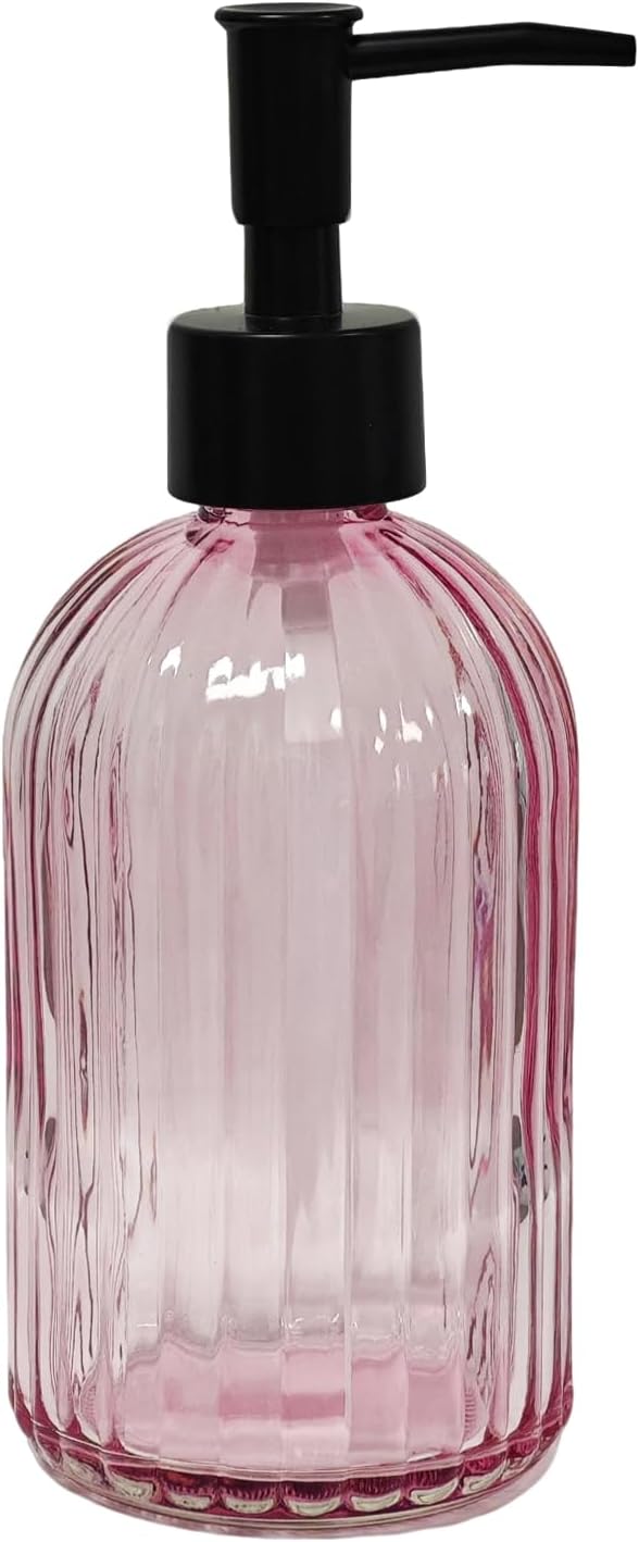 Black Pump Glass Soap Dispenser, 13.5oz Stripe Countertop Refillable Liquid Bottle Hand Dish Lotion Dispenser with Plastic Pump, for Kitchen, Bathroom Countertop