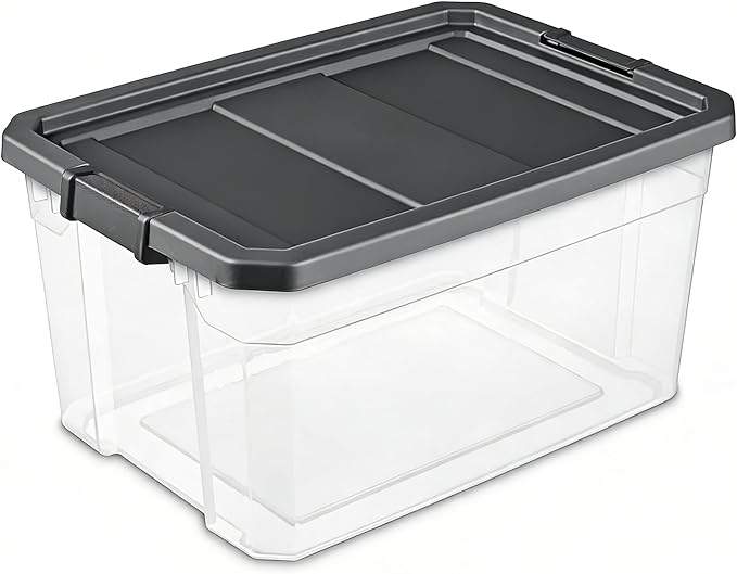 76 Quart Heavy-Duty Stacker Box – Clear Plastic Storage Bin with Secure Latch Lid, Ideal for Home, Garage, Closet & Basement Organization, Dark Gray (1)