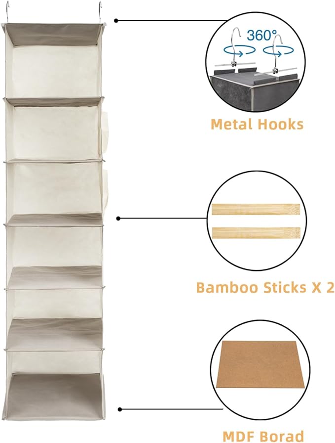 2 Packs Hanging Closet Organizer, 6-Shelf Closet Organizers and Storage with Side Pockets, Collapsible Hanging Shelves for Closet & RV & College Dorm,Beige