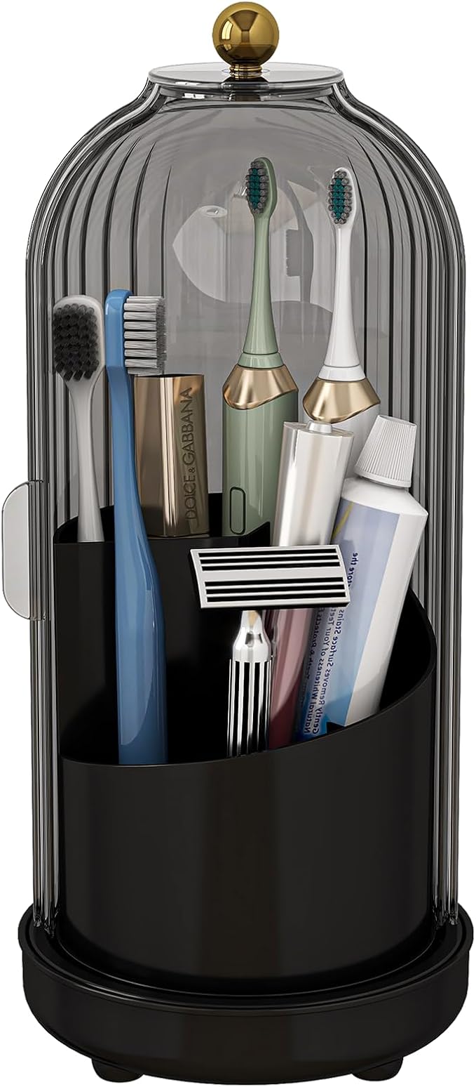 Zufudo Toothbrush Holders with Cover, Drainage Rotating Electric Toothbrush Organizer, 3 Slots Tooth Brush Holder for Bathroom Counter, Gray Black