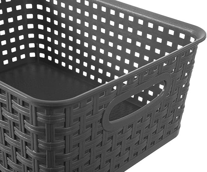 Grey Plastic Woven Storage Basket, 6-Pack Weave Gray Basket Organizer for Kitchen Office Bathroom