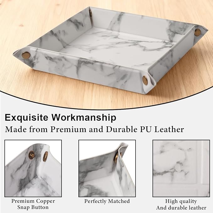 WAYIFON Valet Tray Desktop Storage Organizer – Premium PU Leather Catchall Bedside Vanity Tray Nightstand Caddy Holder for Remote Controller, Keys, Phone, Wallet, Coin, Jewelry,Marble White