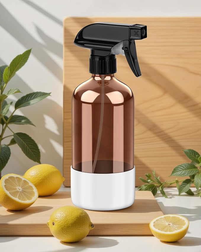 Amber Glass Spray Bottle with Silicone Sleeve Protection, 16 oz Refillable Spray Bottle for Cleaning Solutions, Plants, Aromatherapy, Facial Hydration (White Sleeve(Amber Bottle)