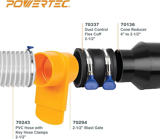 POWERTEC 70402 4" to 2-1/2" Hose Cone Reducer and 2-1/2" Dust Control Flex Cuff with Adjustable Key Hose Clamps for Dust Collection on Power Tool and Vacuum