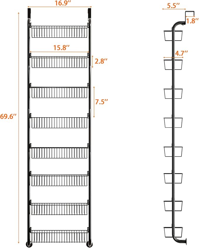 MIAOLI Over the Door Pantry Organizers and Storage, 8-Tier Spice Rack, Home & Kitchen Storage Shelves for Cabinet, Large Capacity Hanging Seasoning Organizer, Laundry Room Organization, Black