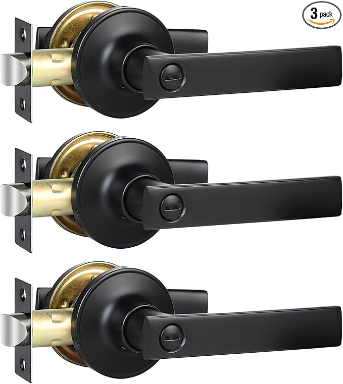 AZCC Privacy Door Handles, 3 Pack Matte Black Door Lever, Bed and Bath Door Locksets Heavy Duty Keyless Interior Handles, Reversible for Left Right Handed Doors