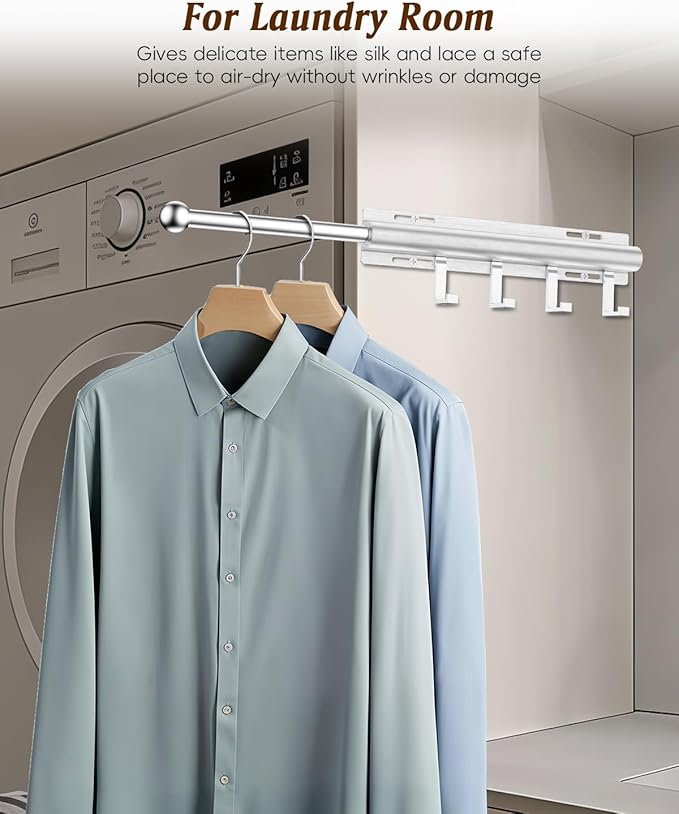 Valet Rod for Closets, 12" Valet Rod With 4 Large Hooks, Closet Organizer Slide Out Clothing Hanger Rods Extender Perfect for Suits,Dresses,Belt,Tie, Polished Chrome