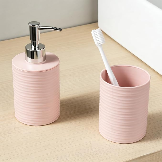 Bathroom Accessories Set, 2-Piece Pink Soap Dispenser & Toothbrush Holder with Ripple Texture & Rust-Proof Pump, Modern Matte Organization