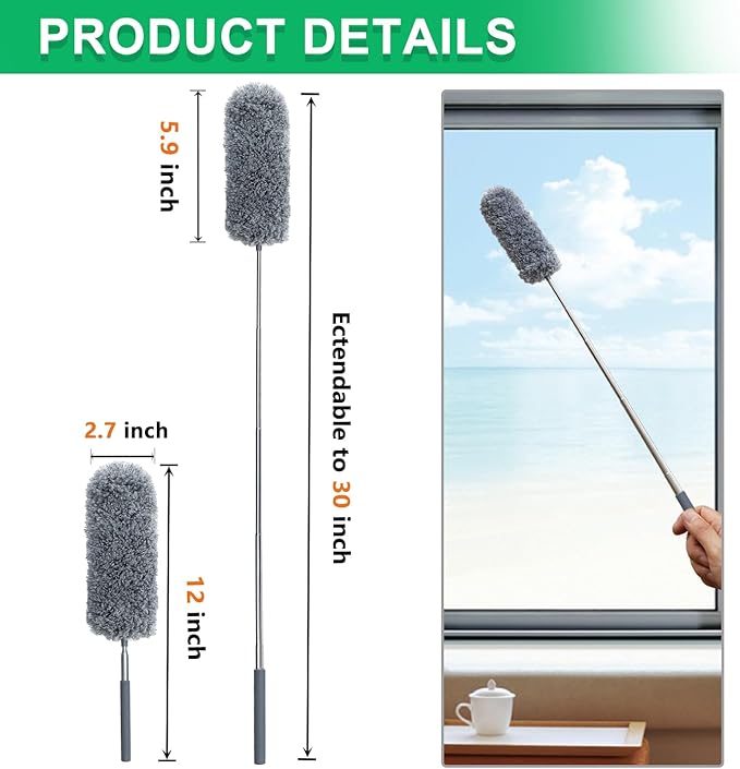 2 Pack Small Microfiber Feather Duster for Cleaning, Hand Washable Dusters with Extendable Pole, Cleaning Tools for Office, Car, Window, Furniture, Ceiling Fan