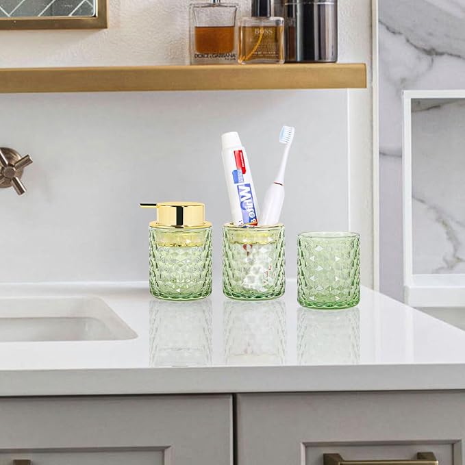 Bathroom Accessories Set, 3pcs Green Glass Bathroom Accessory Set, Toothbrush Holder, Foaming Soap Dispenser and Tumbler, Gold Bathroom Decor Sets for Organizer, Home Apartment Gift