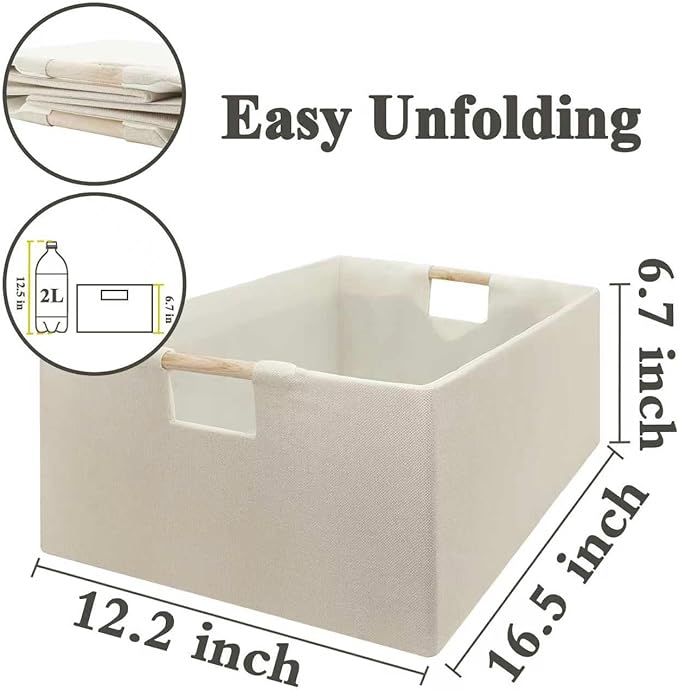 Foldable Fabric Storage Cubes, 2 Packs Cloth Storage Baskets with Wooden Handles, Collapsible Shelf Closet Organizer Bins, Rectangular Storage Boxes for Decor (Beige)