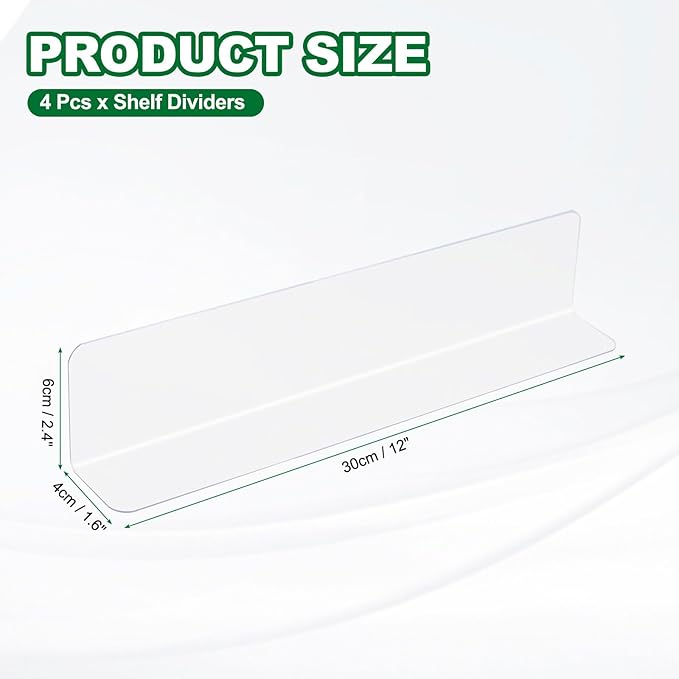 uxcell 4pcs Clear Shelf Dividers, 12"x2.4" Plastic L-Shaped Shelf Separator, Transparent Organizer Divider for Supermarket Store Commodity Classification