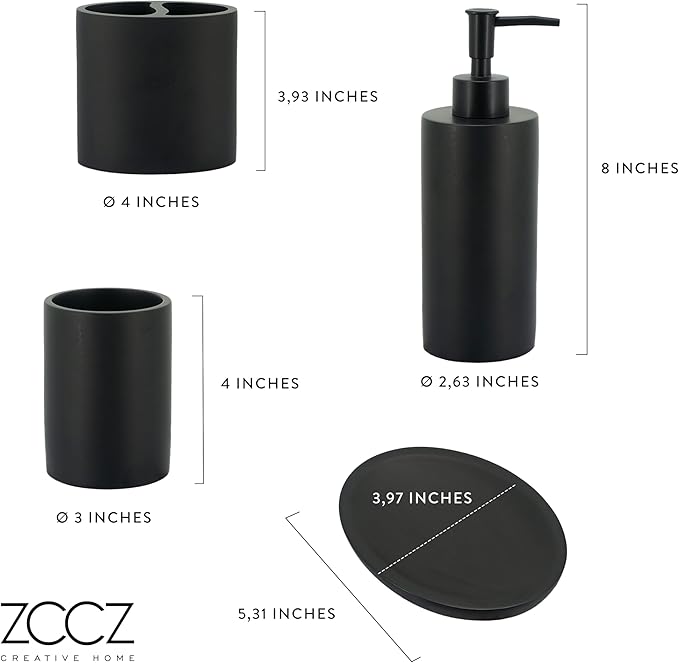 ZCCZ Grey Bathroom Accessory Sets, 4 Pieces Bathroom Accessories Complete Set Vanity Countertop Accessory Set, Includes Lotion Dispenser Soap Pump, Tumbler, Toothbrush Holder and Tray