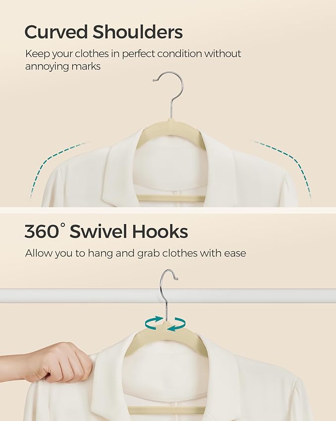 SONGMICS Velvet Hangers 50 Pack, Non-Slip Clothes Hangers, Suit Hangers with Shoulder Notches, Pants Bar, 360° Swivel Hook, Space-Saving, for Closet, Sand Beige UCRF029K05