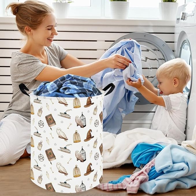 Magic Owl hamper,Nursery hamper,Magic Dirty Clothes Basket,Feather key owl hat book foldable waterproof laundry basket,baby gift basket(Cute owls)
