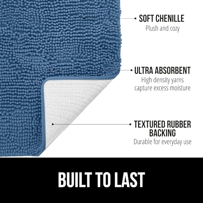GORILLA GRIP Bath Rug Mat 30x20, Thick Soft Absorbent Chenille, Quick Dry Microfiber Mats, Rubber Backing Washable Shower Floor Rugs, US Designed Bathroom Bathmat Home Decor Accessories, Blue
