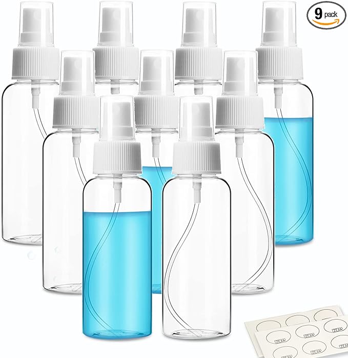 ZEJIA 9 Pack Small Spray Bottle, 2.7oz/80ml Travel Spray Bottle, Empty Fine Mist Spray Bottles, Refillable Mini Spray Bottles with Labels
