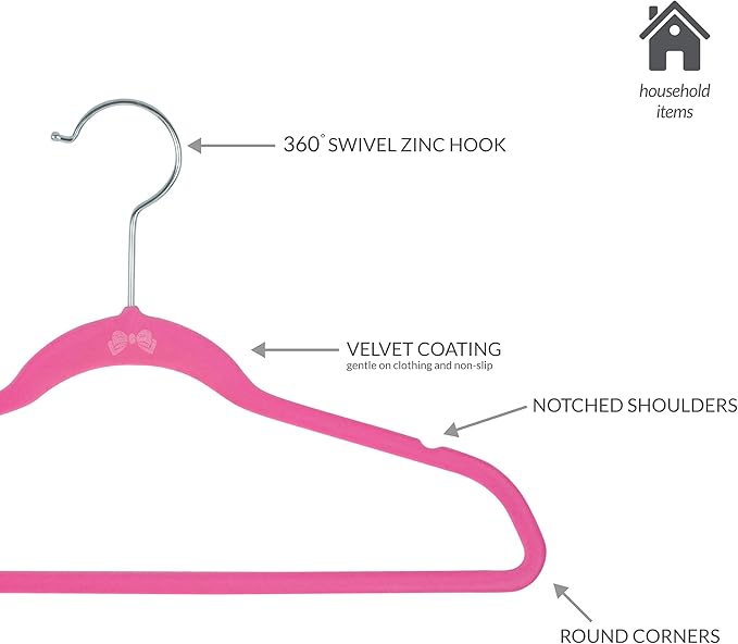 Simplify 25 Pack Kids Velvet Hangers | Slim | Non-Slip Design | Space Saving | Childrens Clothes | Shirts | Pants | Dresses | Baby Nursery | Closet Storage & Organization | Pink