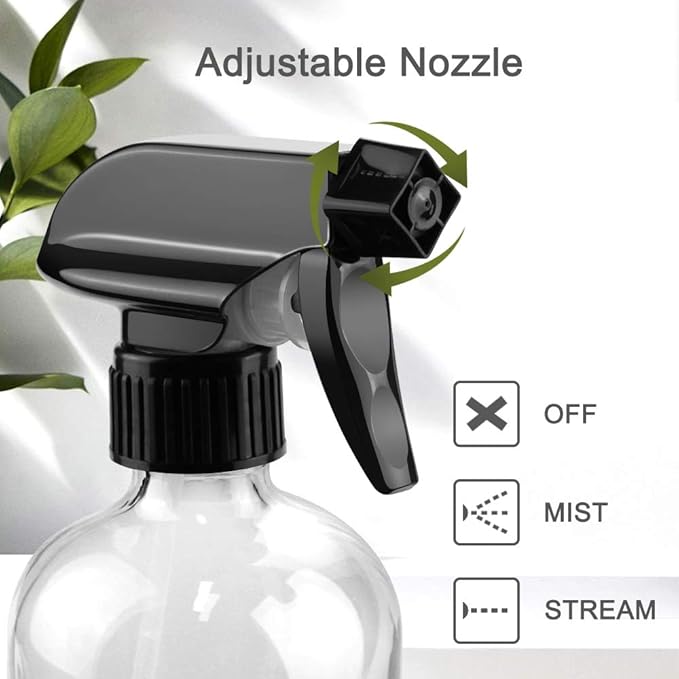Glass Spray Bottles, 16oz Clear Glass Spray Bottles with Labels & Adjustable Nozzle, Reusable Containers for Cleaning Solutions, BBQ, Food, Plants, Alcohol, Essential Oils(2 Pack)