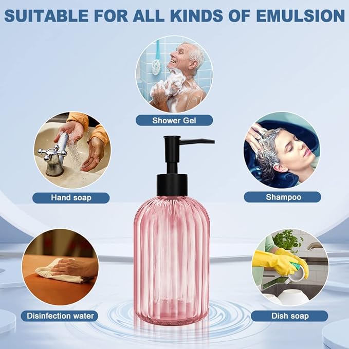 Pack of 2 Glass Soap Dispenser with Black Pump, 400 ml Refillable Pump Dispenser for Kitchen, Bathroom, Laundry Room, Liquid Glass Bottle for Washing Up Liquid, Shampoo, Conditioner (Pink)