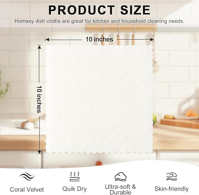Homaxy 24 Pack Kitchen Dish Cloths (10 x 10 Inches, White), Super Soft and Absorbent Coral Velvet Dish Towels, Nonstick Oil Fast Drying Microfiber Cleaning Cloth, No Lint Household Dishcloths
