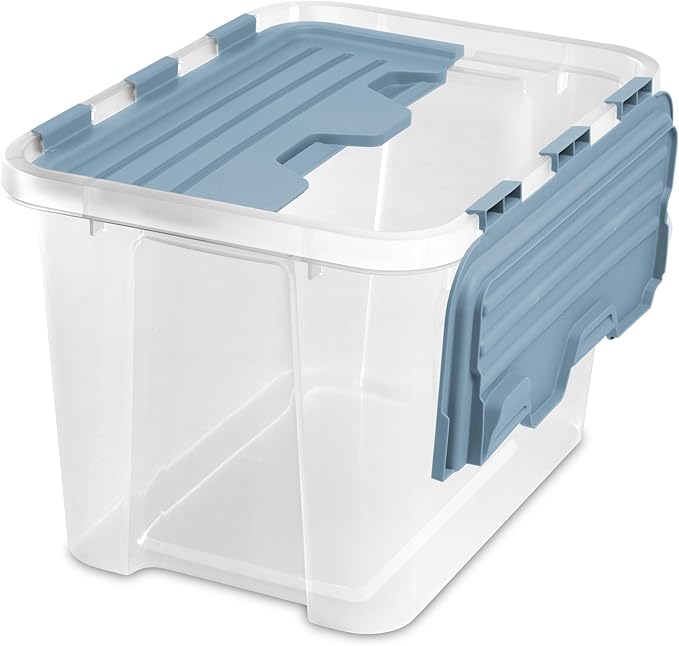Sterilite 12 Pack Hinged Lid Storage Box, 30 Qt Plastic Container, Washed Blue - Home Organizer Tote for Storing Shoes, Crafts, Clothing, or Decor