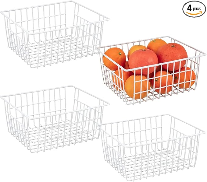4 Pack White Wire Baskets for Organizing Office Wire Storage Basket White Metal Storage Baskets for Pantry Kitchen Bins Freezer