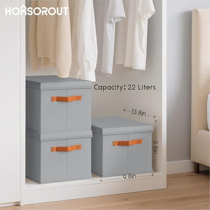 Storage Bins with Lids - Fabric Storage Baskets for Shelves, 6 Pack Foldable Decorative Boxes with Handles, Stackable Organizer Bins for Home, Nursery, Dorm, Grey