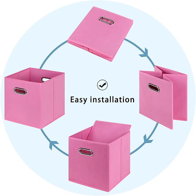 Black Fabric Cubby Storage Bins,13x13x13 Inches ,Cube Organizer Bin Foldable Storage Boxes with Dual Handles Fabric Organizer Box and collapsible Storage basket,Set of 6,Pink