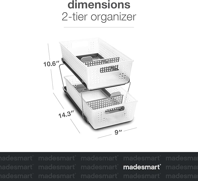 madesmart Premium 2 Tier Organizer, Under Cabinet Storage with Pull Out Sliding Drawers, for Cleaning Supplies, Undersink, Sponges, Bottles & Bath, Adjustable Dividers & Pull Out Baskets, Frost