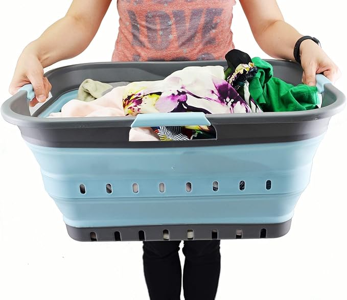 SAMMART 42L (11 gallon) Collapsible Plastic Laundry Basket - Foldable Pop Up Storage Container/Organizer - Portable Basket - Space Saving Hamper/Basket (2, Grey/Sea Angel)