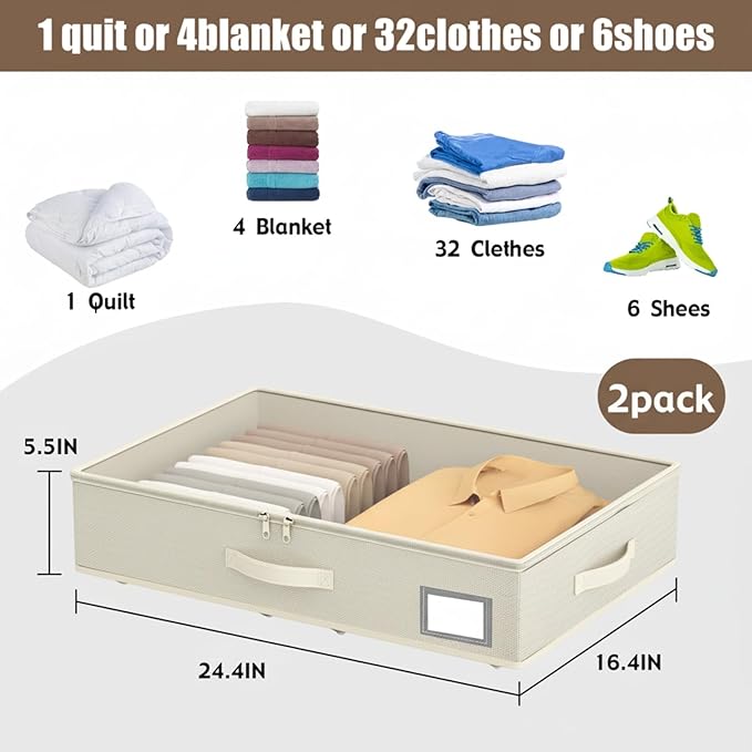 EE-RoomWorld Under Bed Storage with Wheels, No Assemble Required 5.5 inches height beige under bed storage bins,Low Profile Rolling Underbed Shoe Storage containers，dorm underbed storage drawers
