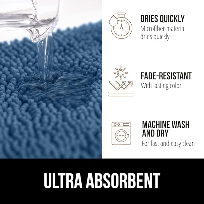 GORILLA GRIP Bath Rug Mat 60x24, Thick Soft Absorbent Chenille, Quick Dry Microfiber Mats, Rubber Backing Washable Shower Floor Rugs, Bathmat Runner, US Designed Bathroom Home Decor Accessories Blue