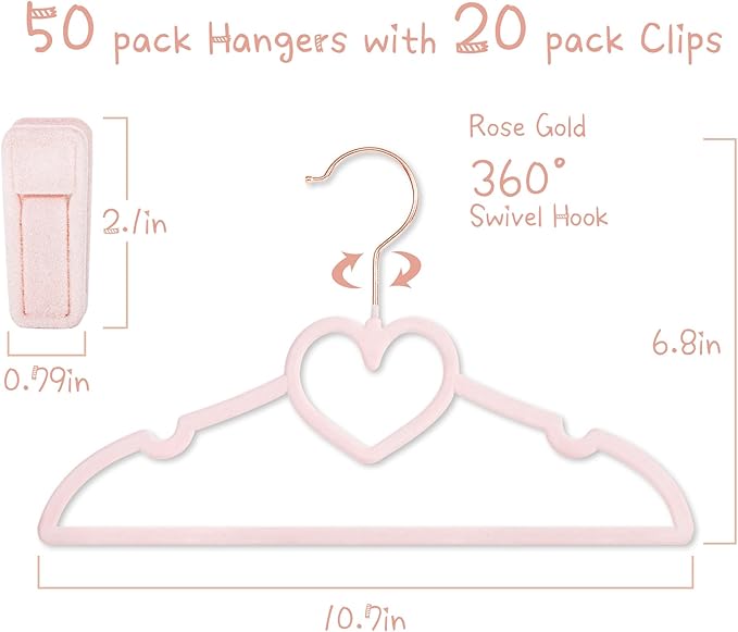 OneDream Pink Velvet Baby Hangers - 50 Pack 11inch Heart Toddler Hangers with 20pcs Clips, Non-Slip Strong and Durable Baby Clothes Hangers Without Slipping, Ultra Slim and Stackable Space Saving