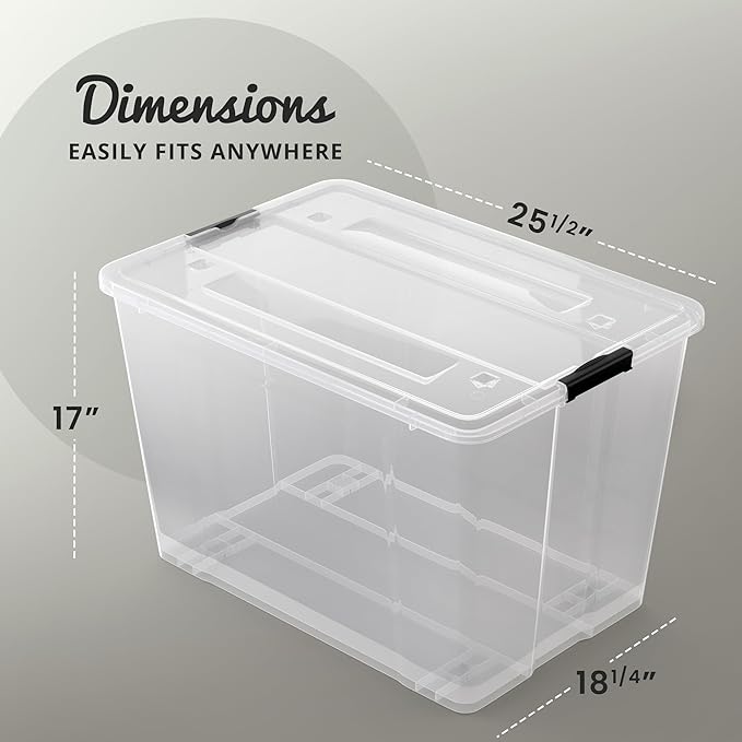 Lifetime Appliance Parts 4 PACK 97 Qt. Plastic Storage Bin Tote Organizing Container with Ultra Durable Lid & Secure Latching Buckles Stackable Extra Strength Clear w/Black Handle