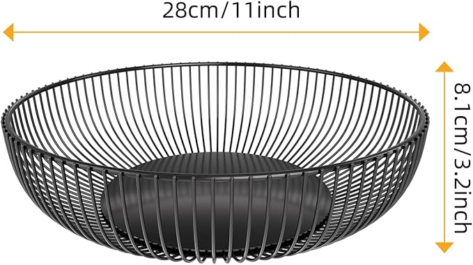 Simple Trending Round Metal Fruit Basket Bowl for Kitchen Counter - Rust-Proof, Non-Slip & Breathable Wire Organizer for Fruits, Veggies, Snacks, Black (11“ Diameter x 3.2” H)
