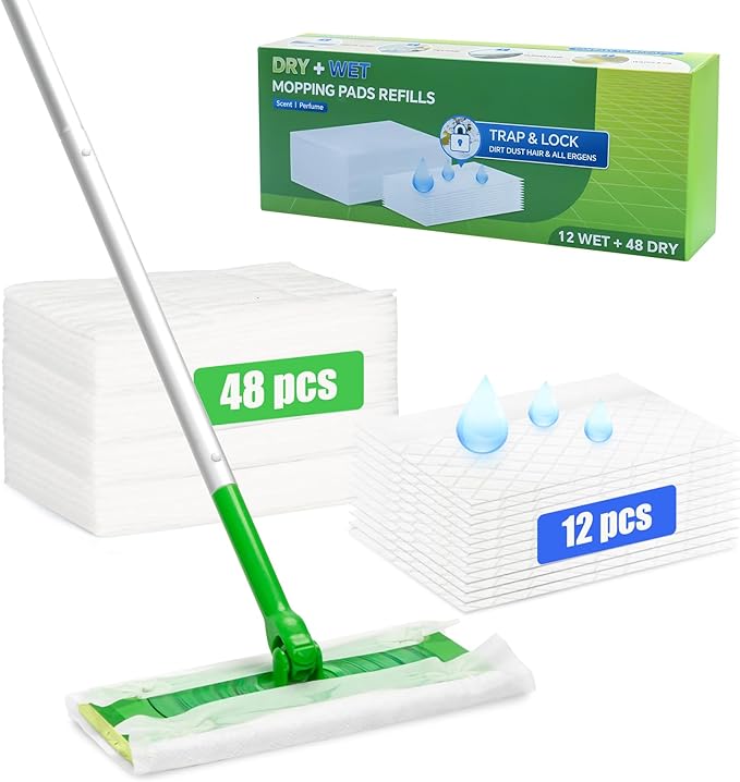 60 Count 2-in-1 Dry + Wet Mopping Cloths Kit for Swiffer Sweeper Mop, Disposable Mop Pads Refill Includes 48 Dry Sweeping Cloths & 12 Wet Pads Refills for Multi-Surface Floor (Mop not Included)