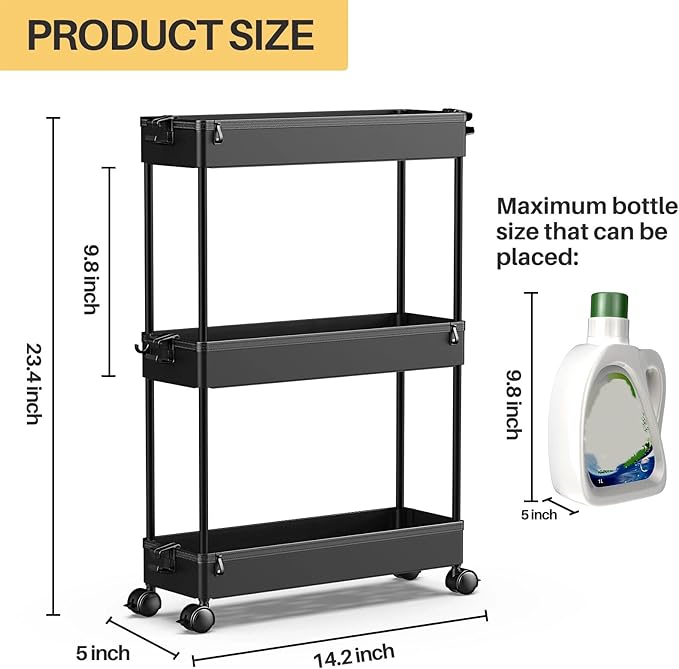 SPACEKEEPER Slim Rolling Storage Cart, 3 Tier Bathroom Storage Organizer Laundry Room Utility Cart Mobile Shelving Unit, Multi-Purpose for Kitchen Office Bathroom Laundry Narrow Places, Black