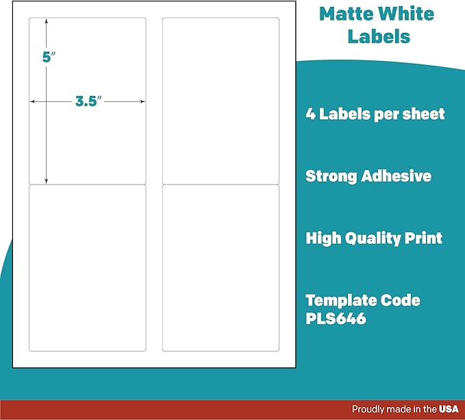 Premium Label Supply White Sticker Mailing/Shipping Labels – 3.5" x 5" – Laser/Inkjet Compatible – (4 per Sheet), 100 Sheets - 400 Total Adhesive Labels