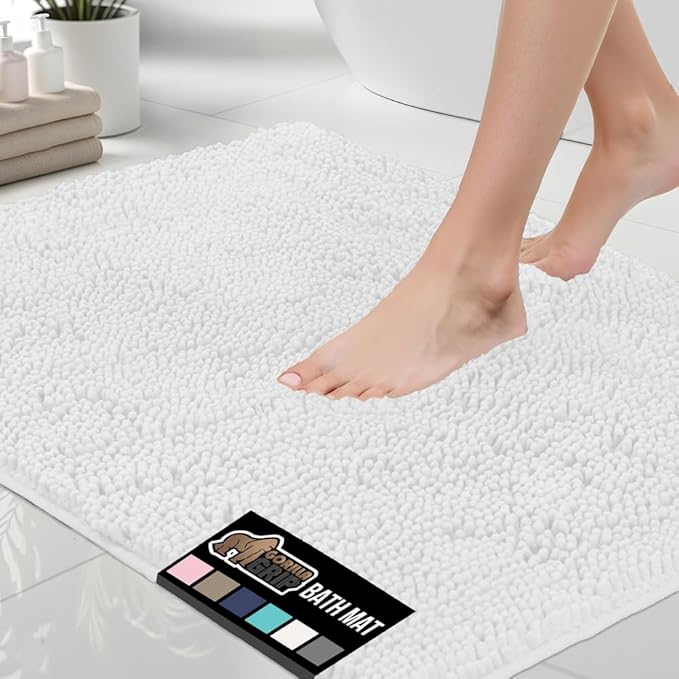 GORILLA GRIP Bath Rug Mat 42x24, Thick Soft Absorbent Chenille, Quick Dry Microfiber Mats, Rubber Backing Washable Shower Floor Rugs, Bathmat Runner, US Designed Bathroom Home Decor Accessories White