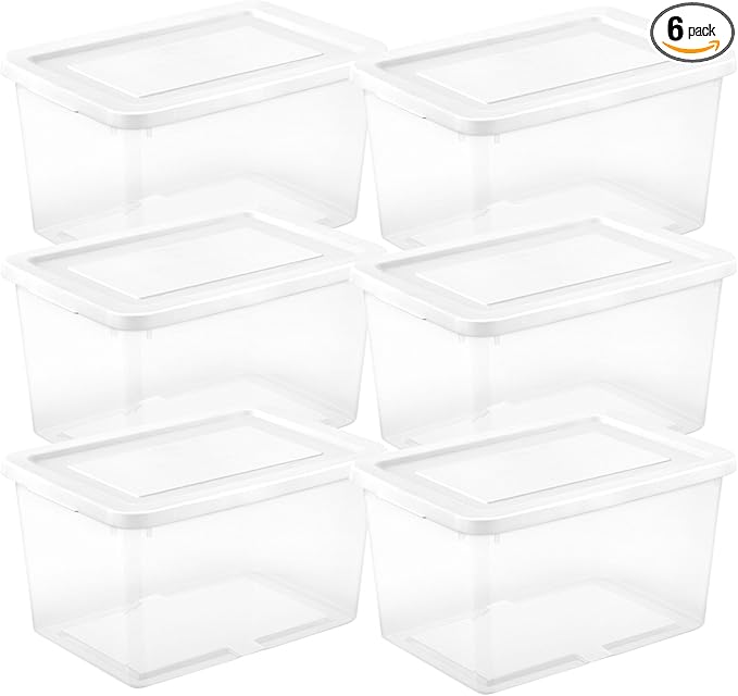 Sterilite 6 Pack Storage Boxes, Clear Plastic Stackable Containers, Lightweight Home Organizers with Snap Lids, 20 Quart, White