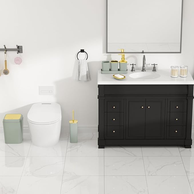 Bathroom Set, Sage Green Bathroom Accessories Set with Press-on Lid Bathroom Trash Can, Soap Dispenser, 10PC Bathroom Accessory Set for Home