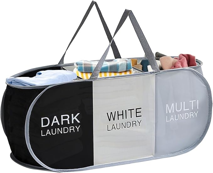 EEEKit 100L Pop Up Laundry Basket, 3 Sections Large Capacity Oxford Cloth Collapsible Laundry Hamper with Reinforced Handles, Space-Saving Sorting Organizer for Dorm Rooms, Bedrooms, Home and Travel