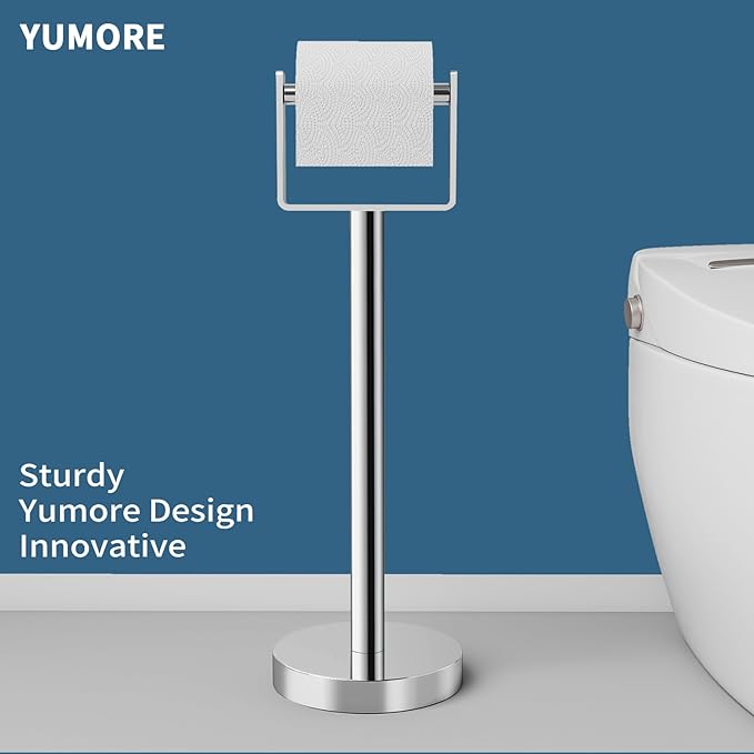 YUMORE Toilet Paper Holder Free Standing, Stainless Steel Toilet Paper Stand, Weighted Base Floor Tissue Roll Holder for Bathroom, Chrome 200UP