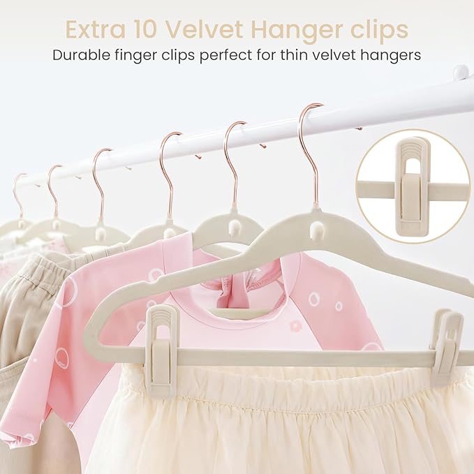 Baby Velvet Hangers 30 Pack, 11 Inch Stackable Kids Hanger for Closet, Ultra Slim Non-Slip Toddler Hangers with Rose Gold Swivel Hook & 10 Clips, Felt Hanger for Children's Clothes, Beige