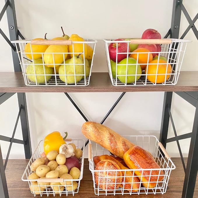 Evelots Wire Storage Baskets with Wood Handles-Pack of 6-Kitchen Cabinet, Pantry Shelf Organization, or Bathroom Metal Basket-Refrigerator/Freezer Organizer Bins-White
