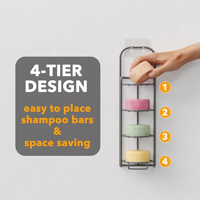 SpaceAid 4 Tier Shampoo Bar Holder for Shower, Self Draining Soap Bar Holders Caddy for Bathroom Wall and Kitchen Sink, Shampoo Bar Dish Rack, Stainless Steel Bar Soap Holder (Gray)