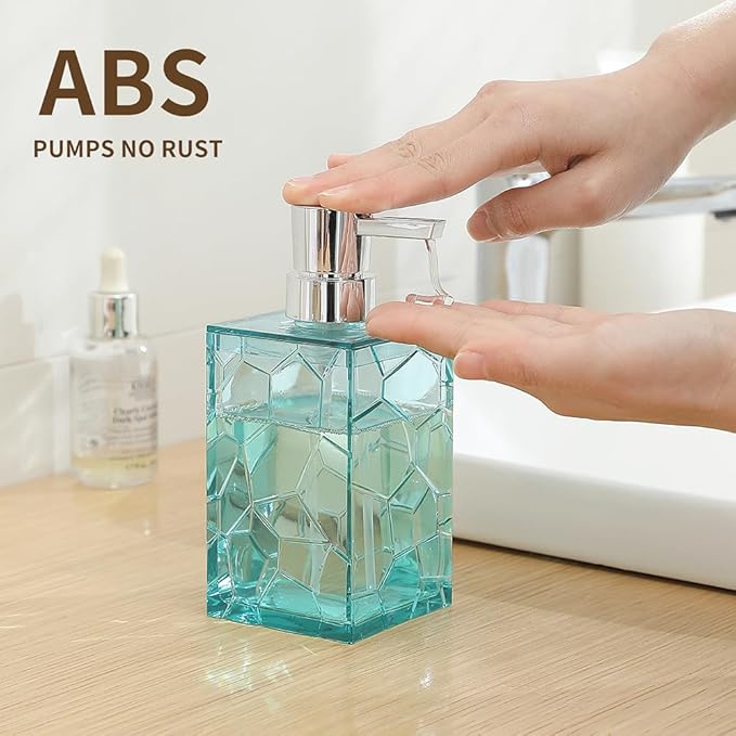 2 Pack Clear Teal Blue Rust Proof Soap Dispenser, Acrylic Plastic Hand Soap Lotion Dispenser Set for Bathroom&Kitchen