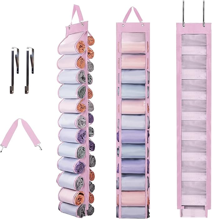 Legging Organizer Storage, Shirt Organizer, Foldable Hanging Closet Organizer Storage with 26 Roll Independent Compartments for Yoga Pants, Tank Top, Towel, Underwear (Pink)